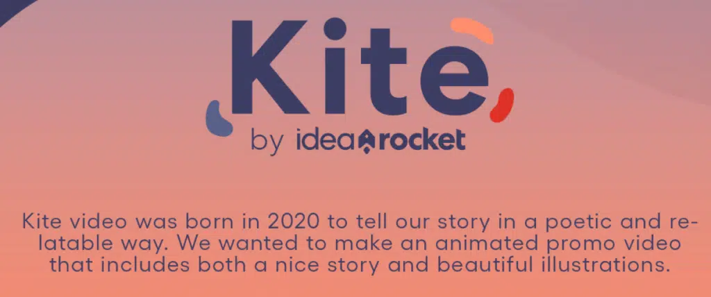 caption reads "Kite video was born in 2020 to tell our story in a poetic and relatable way. We wanted to make an animated promo video that includes both a nice story and beautiful illustrations."