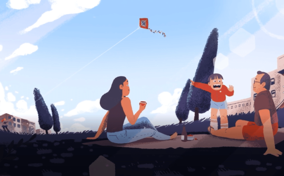 animation of child pointing at a kite while his parents sit in the grass
