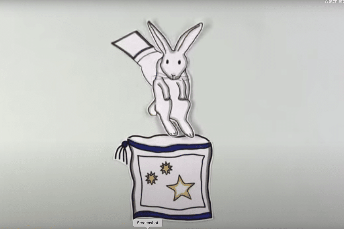 A cut-out rabbit being pulled out of a sack.