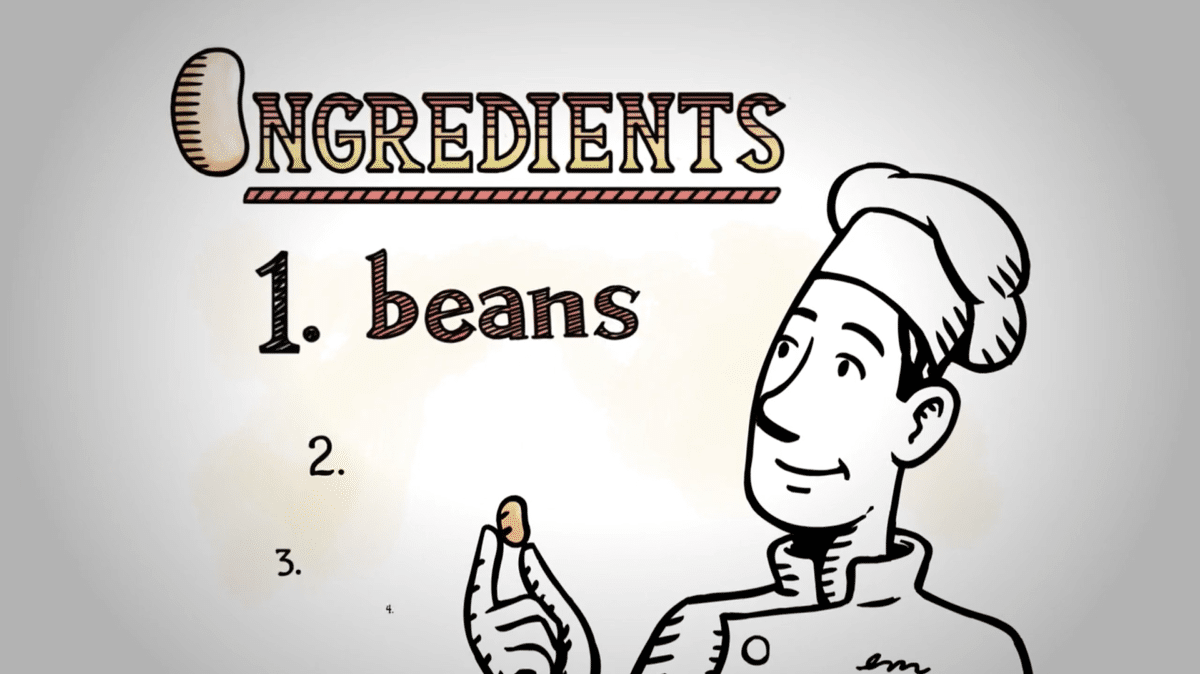 A cartoon chef in a color in whiteboard video holds a single bean, gazing up at an Ingredients list. Beans is the first item, with room left for the second and third ingredients.