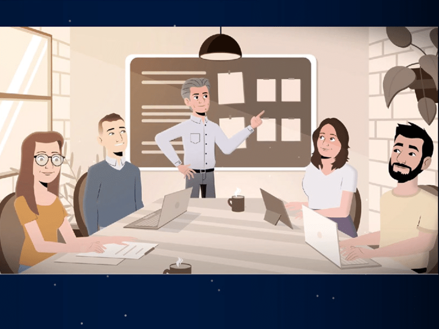 An illustrated version of the IdeaRocket animation company team sits around a conference table.