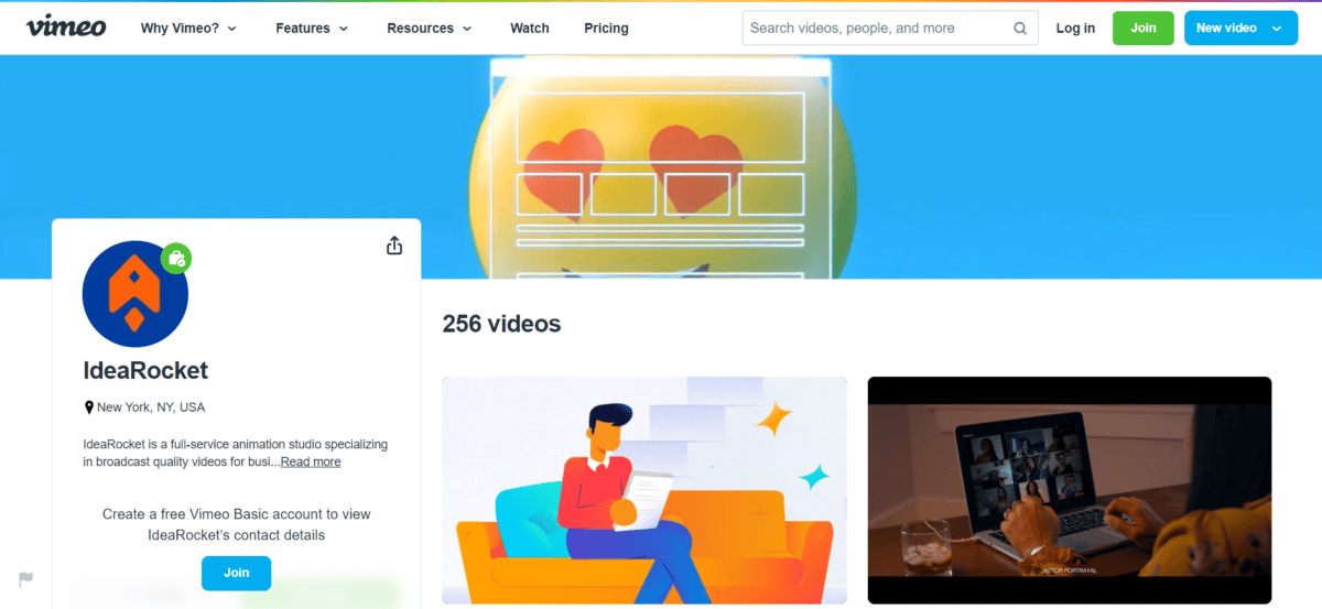 screenshot of IdeaRocket's page on the vimeo video hosting platform