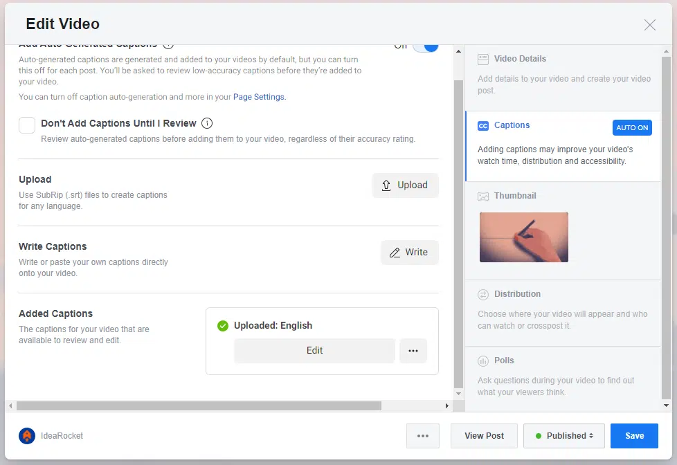 screenshot of Facebook video captions file upload screen