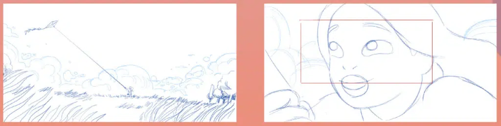 two storyboard panels from the Kite video
