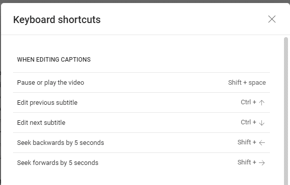 keyboard shortcuts when editing youtube captions