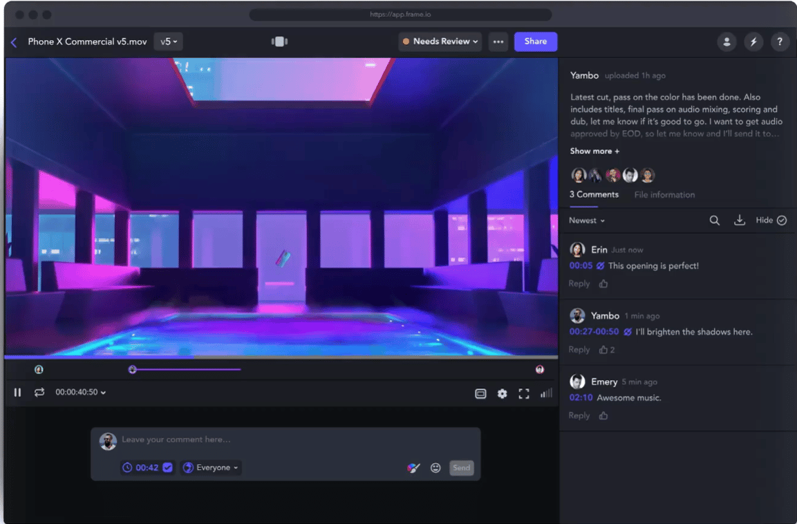 screenshot of video review tool Frame.io