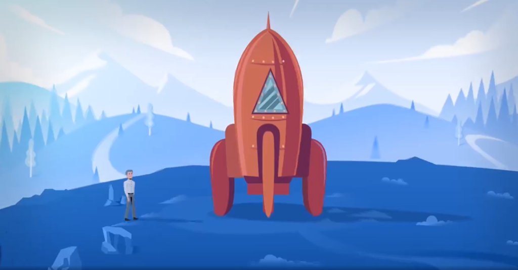 Screenshot of a rocket in a blue landscape from the IdeaRocket Founder's Story