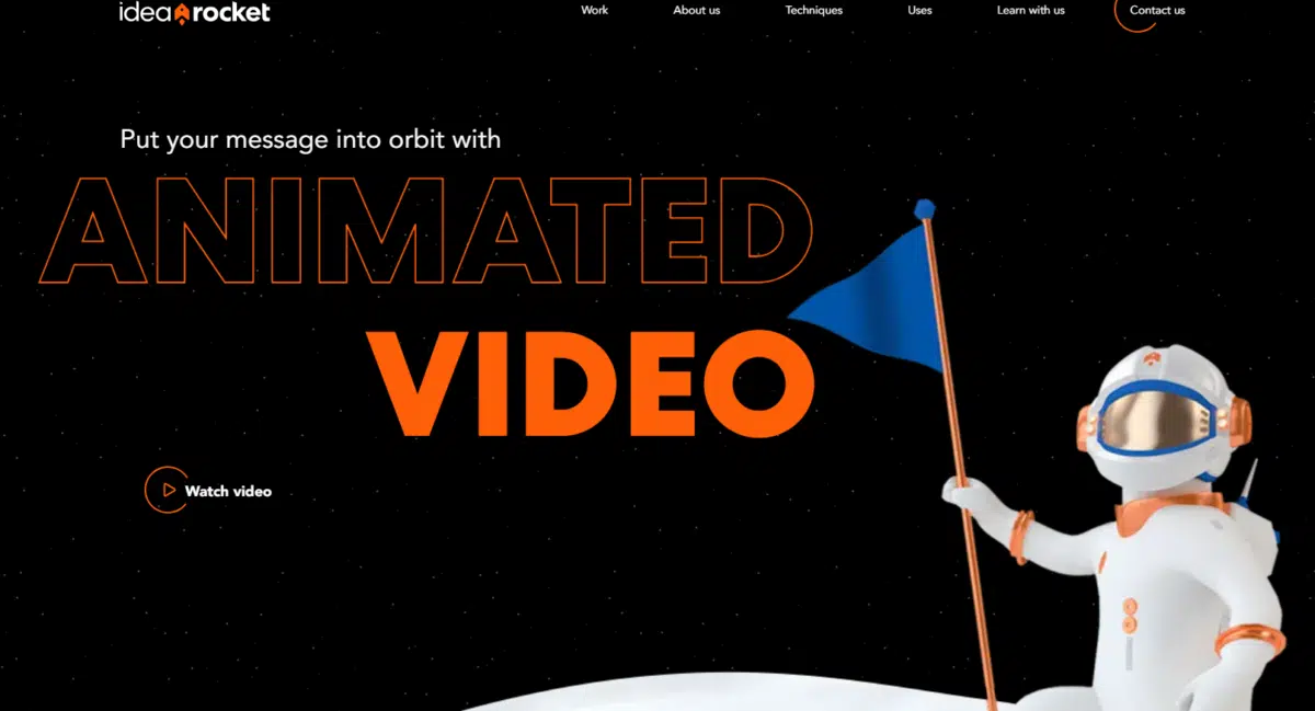 screenshot showing the IdeaRocket home page with the message "put your messagre into orbit with animated video" and a "watch video" button below