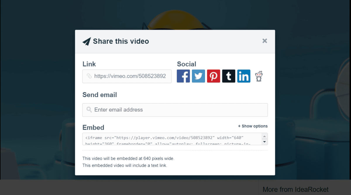 example of the share this video screen from Vimeo