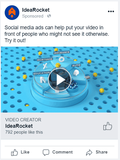 example of a Facebook ad. The caption says: social media ads can help put your video in front of people who might not see it otherwise. Try it out!