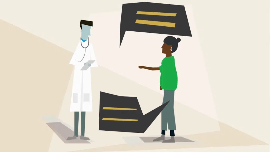 screenshot from a patient journey video, shows black female character standing near blue male doctor. Speech bubbles show they are talking to each other