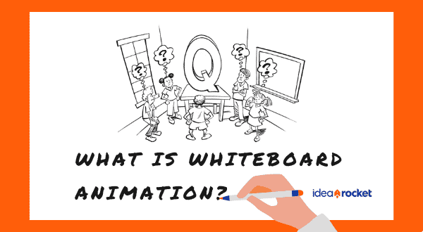 cartoon of five children standing around a giant letter Q. The children have question marks over their heads. The text reads "what is whiteboard animation"