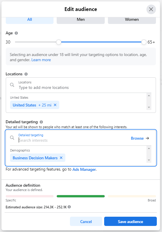 screenshot showing detailed targeting options to optimize Facebook video ads