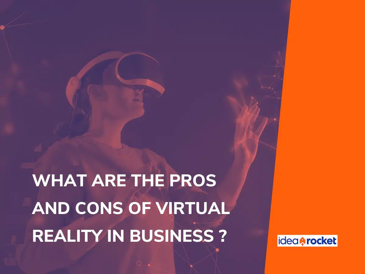 A woman wearing a VR headset reaches for something. The text overlay says: "What are the pros and cons of virtual reality in business?"