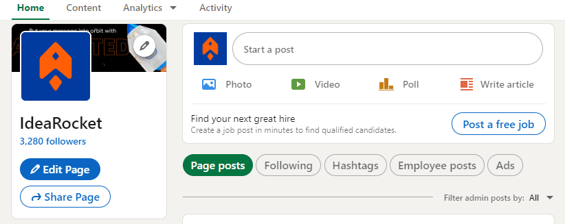 A screenshot of the IdeaRocket LinkedIn page that focuses on the "start a post" section of the page.