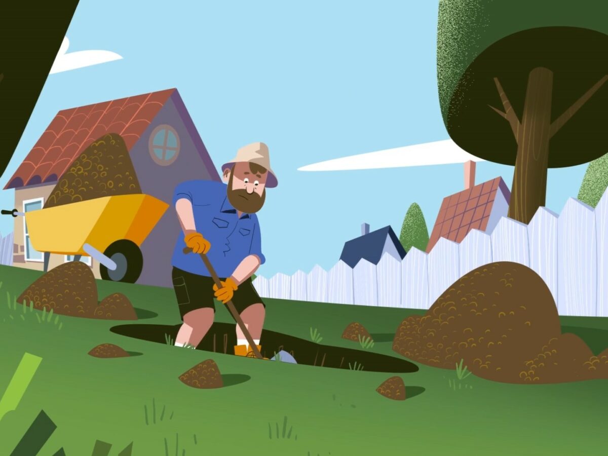 The commercial jingle reminds people to call before they dig, like this animated man. 