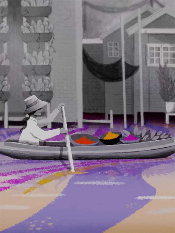 woman paddling a boat in mixed media style