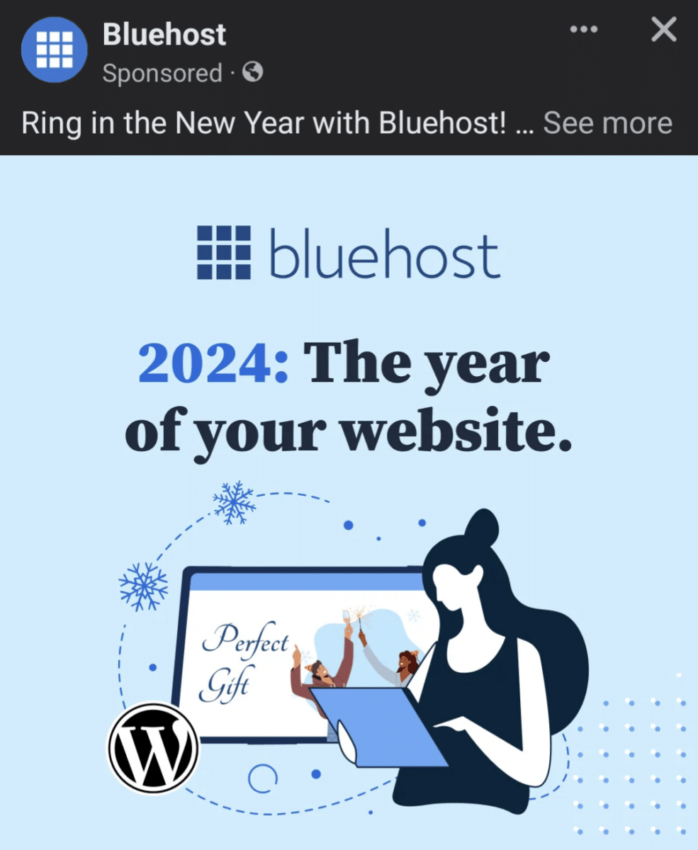 example of a Bluehost social media ad that uses a Corporate Memphis character design style