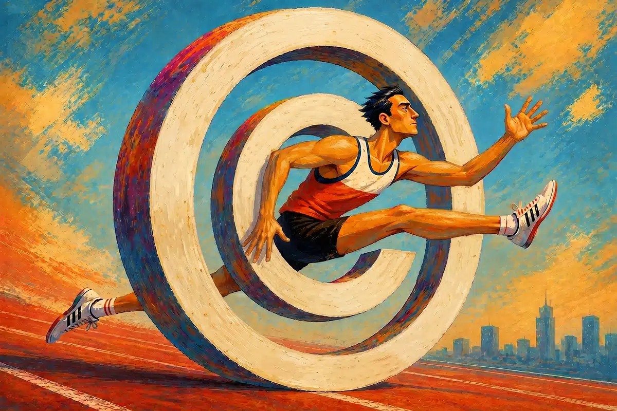 Hurdler jumping through a copyright symbol