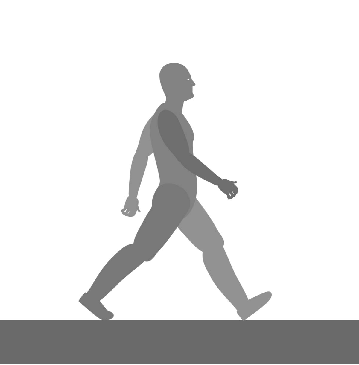 Walk cycle heel-to-toe contact pose with the left leg forward, the mirror of the right-leg contact pose