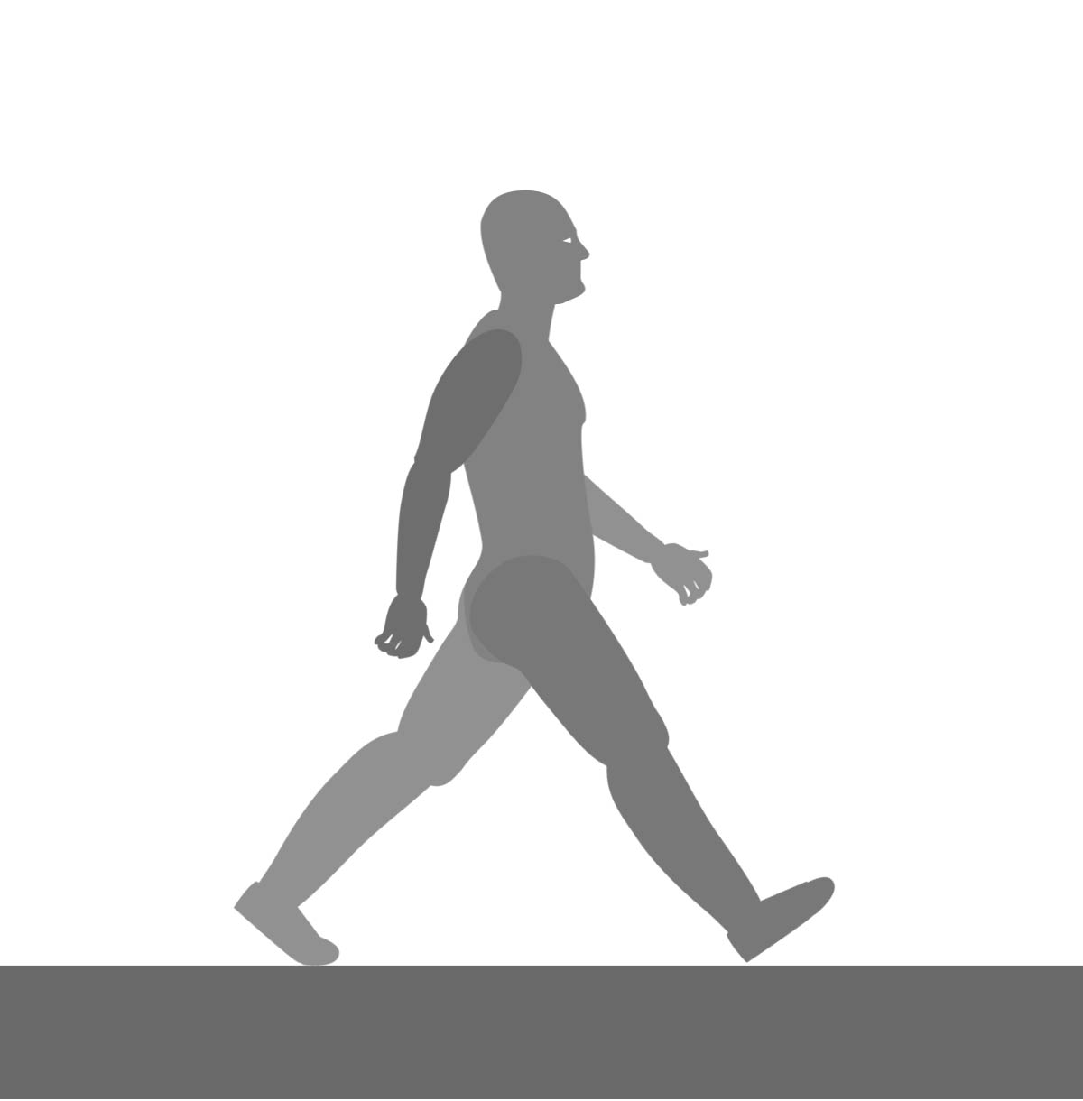 Walk cycle heel-to-toe contact pose with the right leg forward, both legs nearly straight and the arms swinging opposite the legs