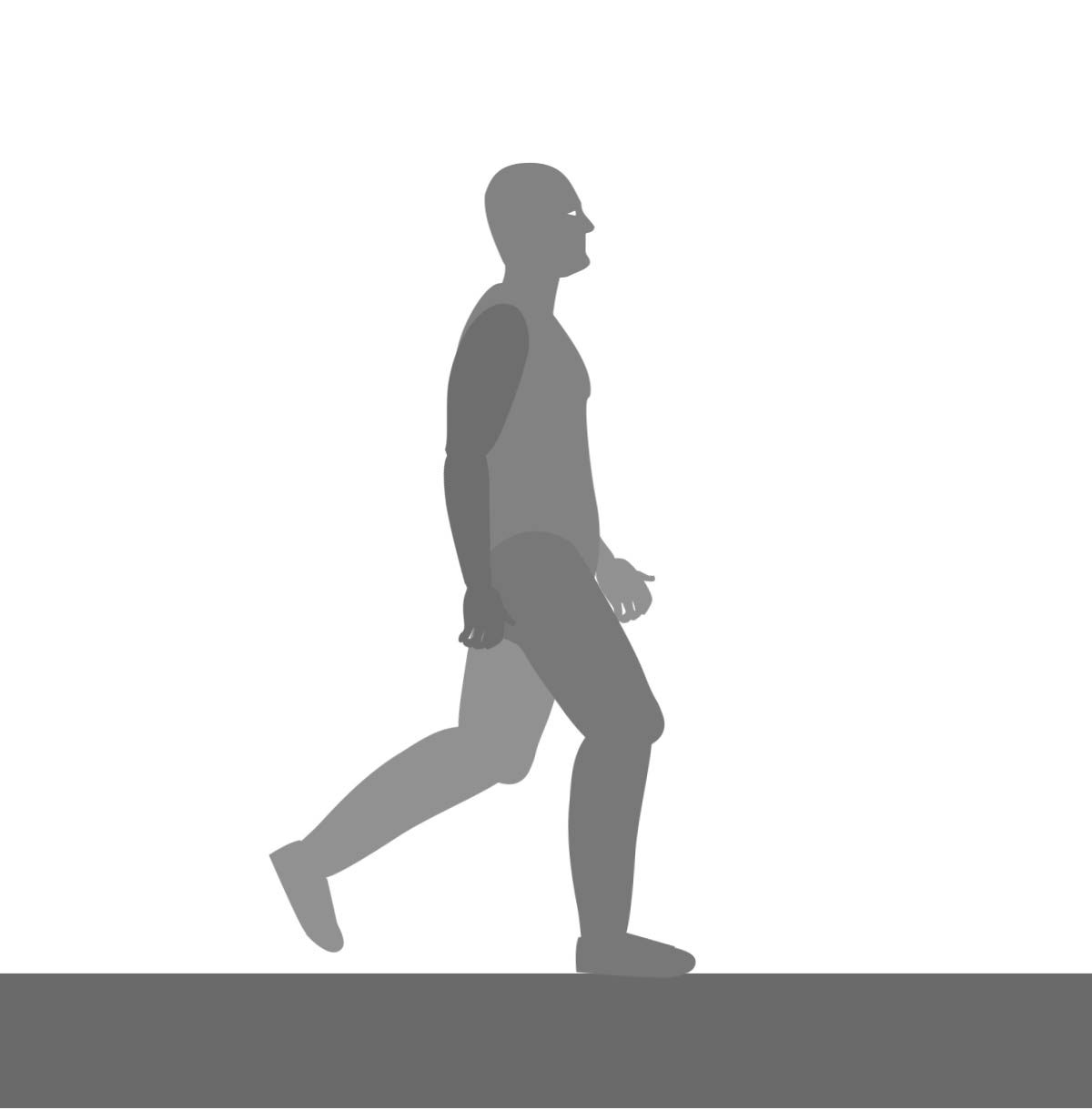 Walk cycle landing pose: the front foot lands flat, the knee bends to absorb the impact and the body is at its lowest point