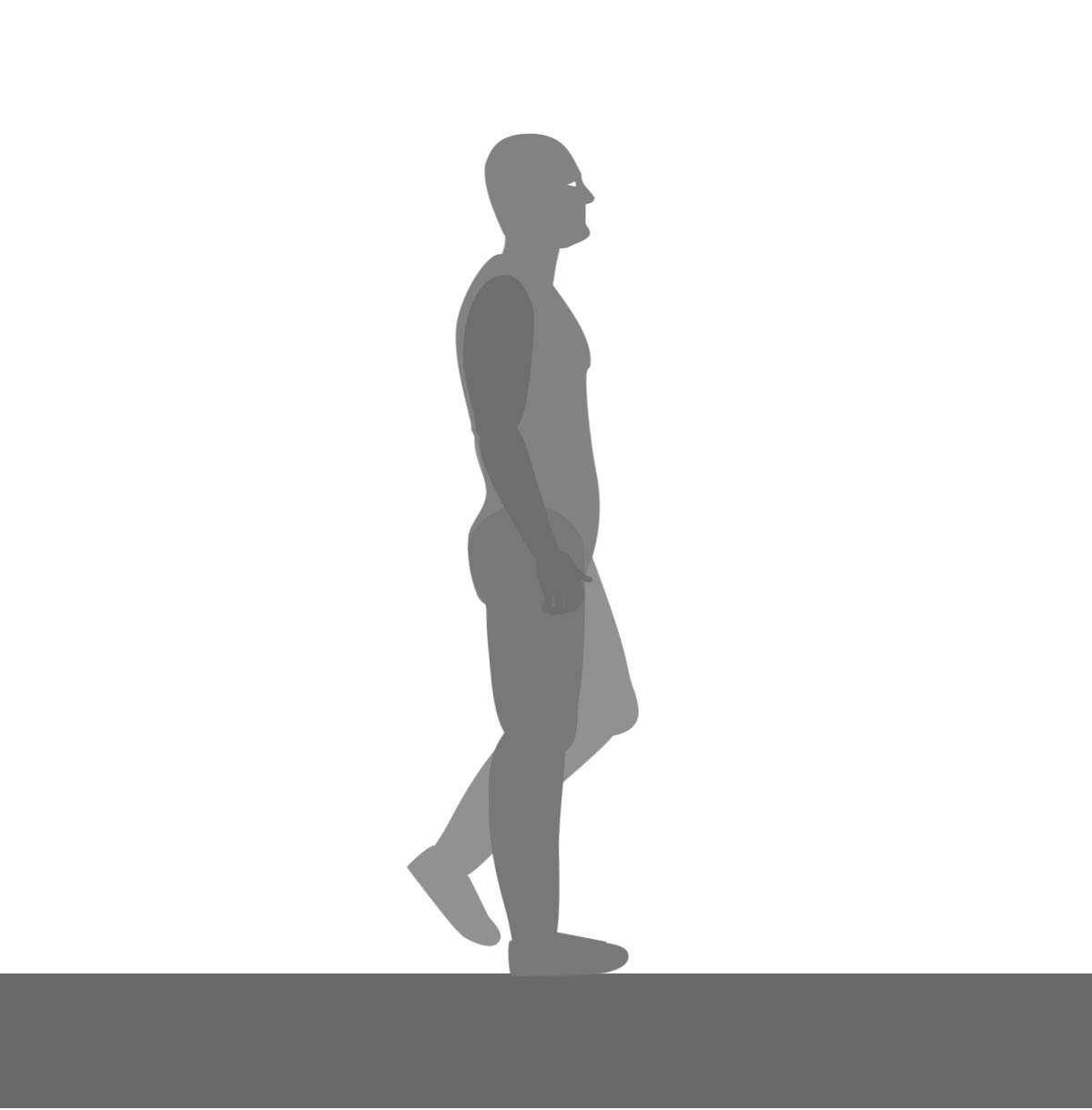 Walk cycle passing pose: the left leg passes a planted, straight right leg with the knee forward and the arms down by the sides